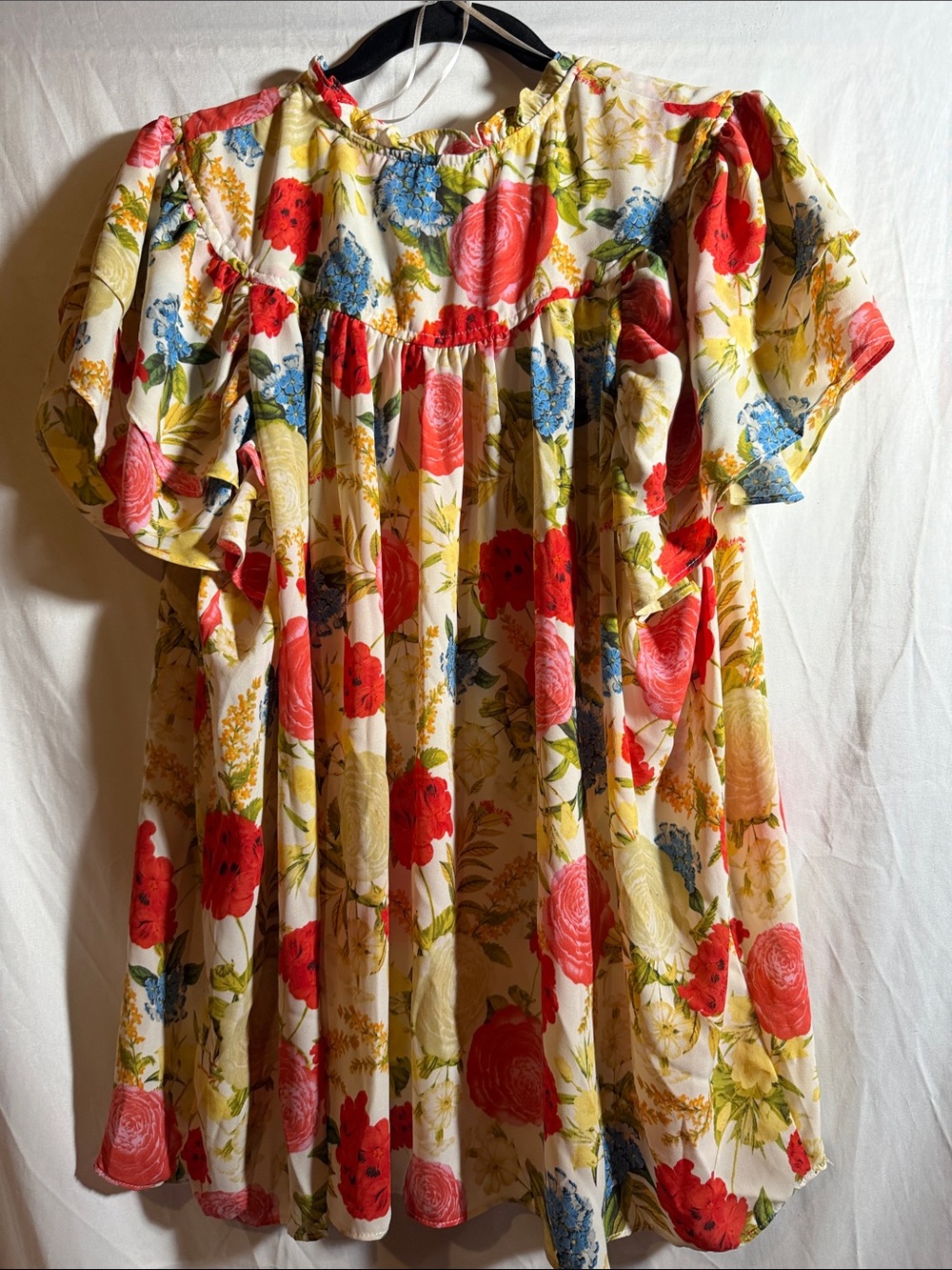 Rose & Olive Cream Floral Ruffle-Trim Tunic with Red, Blue & Yellow Blooms - Picture 6 of 9